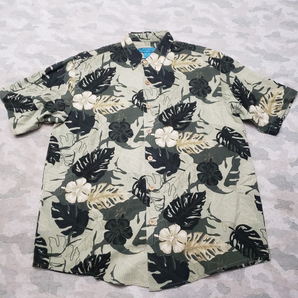 Paradise Blue Shirt Mens XL Green Short Sleeve Button-Up Hawaiian Hibiscus Beach